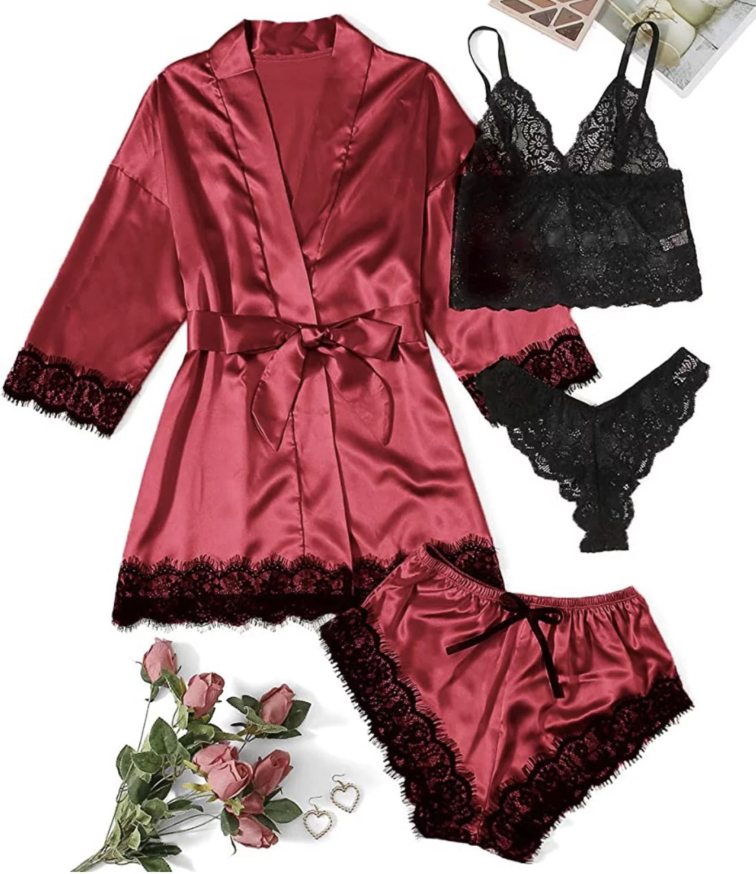 Sexy Lingerie,  Silk Satin Pajamas for Women, Womens Summer Pajamas Pjs Sets of 4 Pcs with Floral Lace Top Shorts and Robe, Gift for Women, Black, XXL